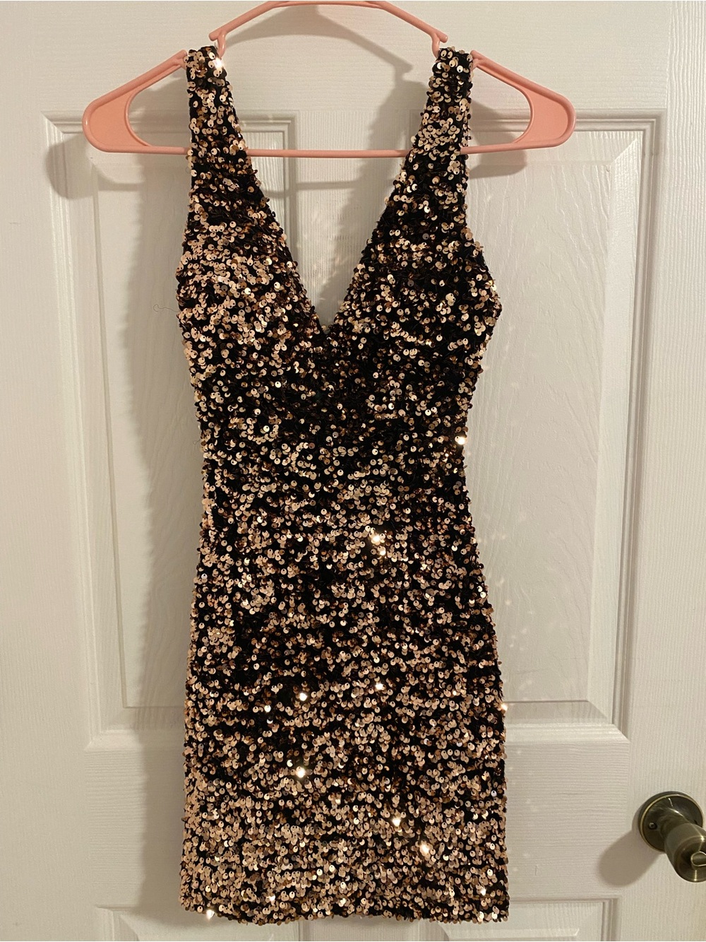 B Darlin Gold and Black Sequin V-Neck Bodycon Mini Dress